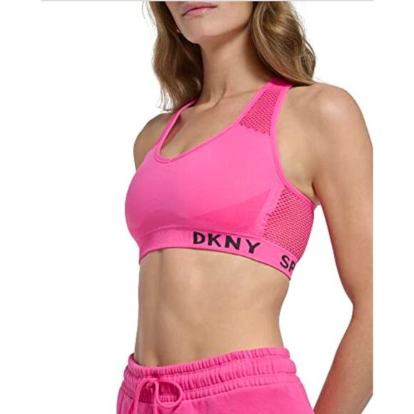 DKNY Womens Sports Bra Small Pink Racerback Logo Mesh Panel Seamless NWT - Picture 3 of 11
